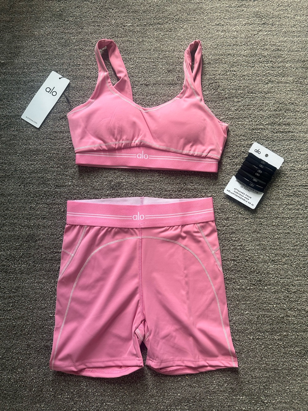 ALO Yoga Pink Sports Bra and Bike Shorts Set